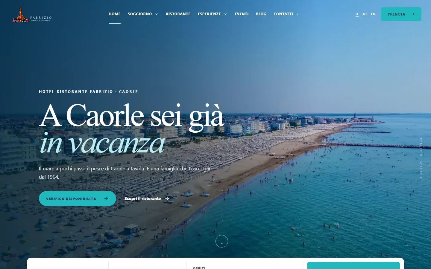 Home page dell’Hotel Ristorante Fabrizio di Caorle con il pulsante per verificare la disponibilità