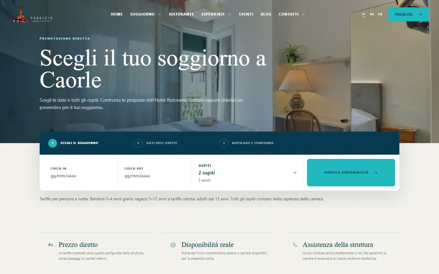 Pagina di prenotazione diretta dell’Hotel Ristorante Fabrizio: scelta di date e ospiti in tre passaggi