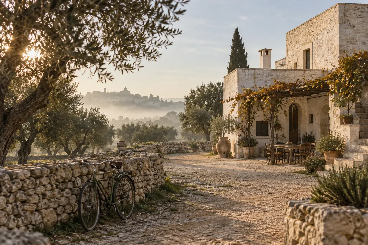Immagine illustrativa: masseria tra gli ulivi in una mattina d’autunno