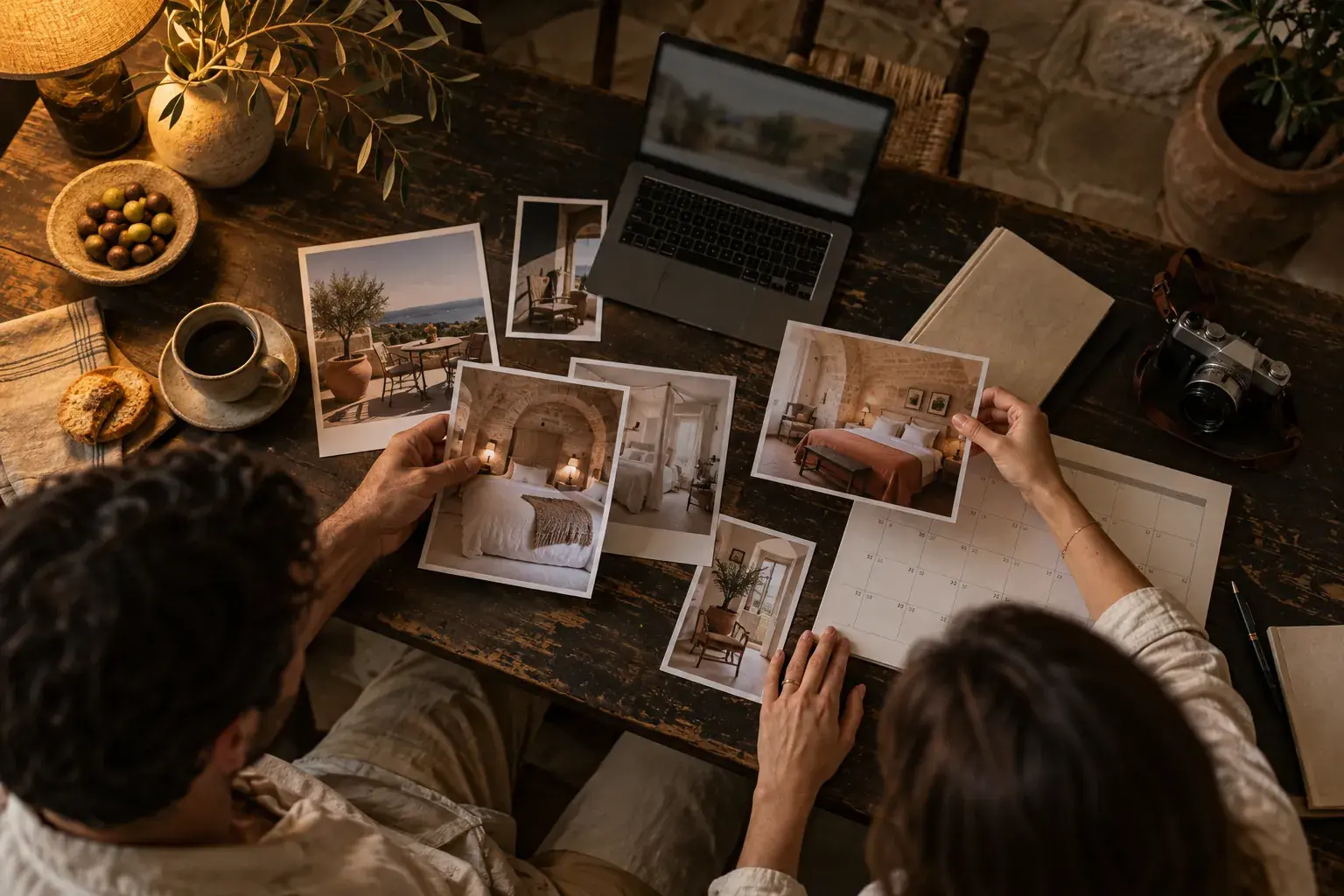 Immagine illustrativa: fotografie e calendario disposti su un tavolo durante la pianificazione