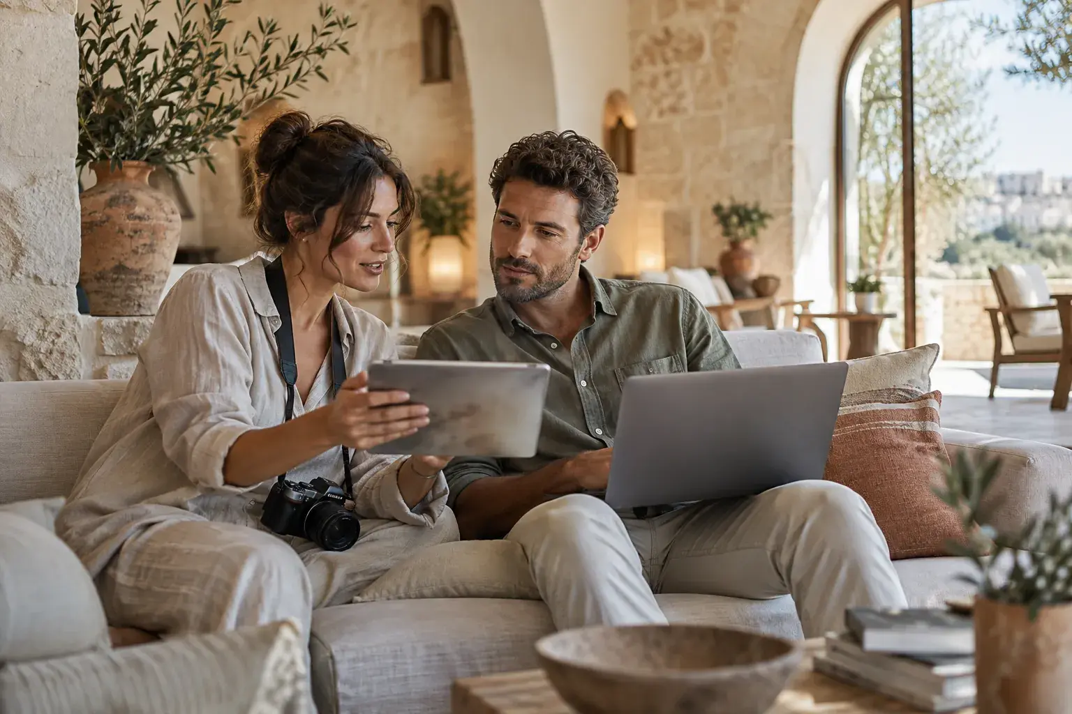 Immagine illustrativa: due professionisti del marketing al lavoro nel salotto di un hotel