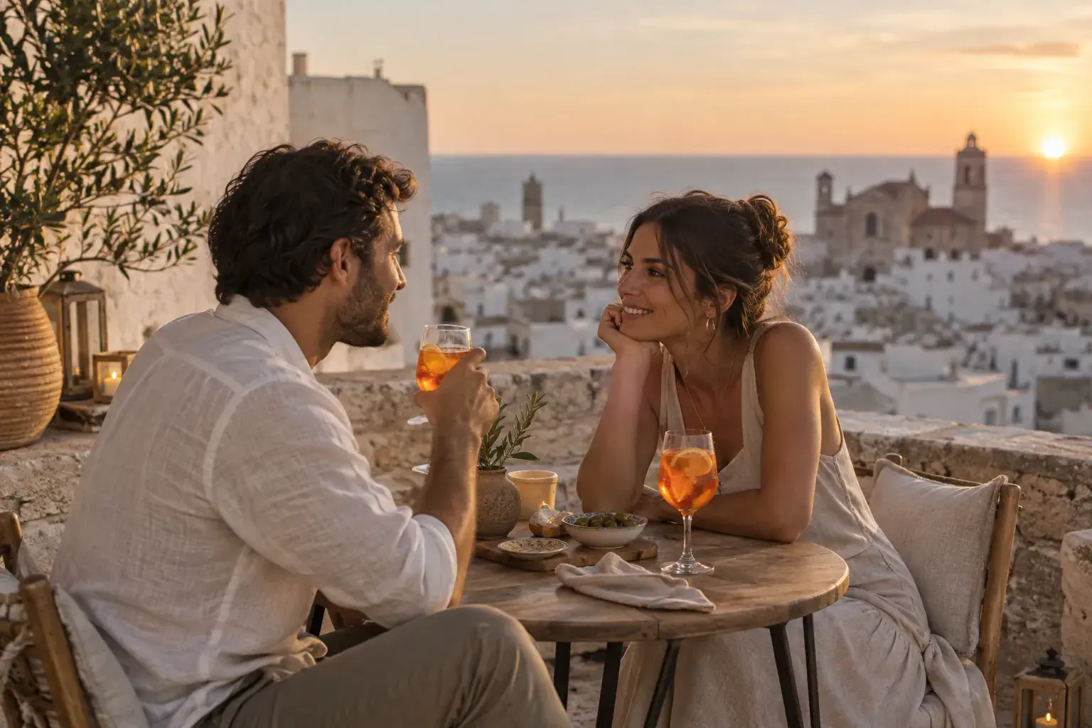 Immagine illustrativa: coppia durante un aperitivo su una terrazza al tramonto