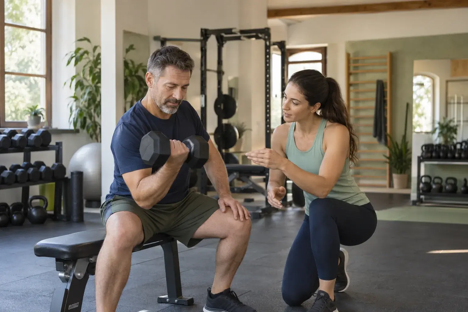 Immagine illustrativa: trainer che accompagna una persona in palestra