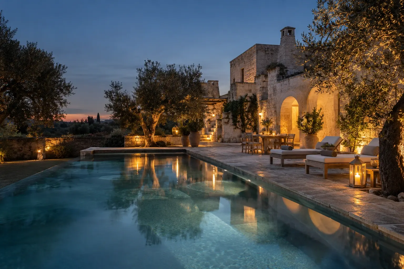 Fotografia illustrativa: masseria tra ulivi, archi illuminati e piscina al tramonto