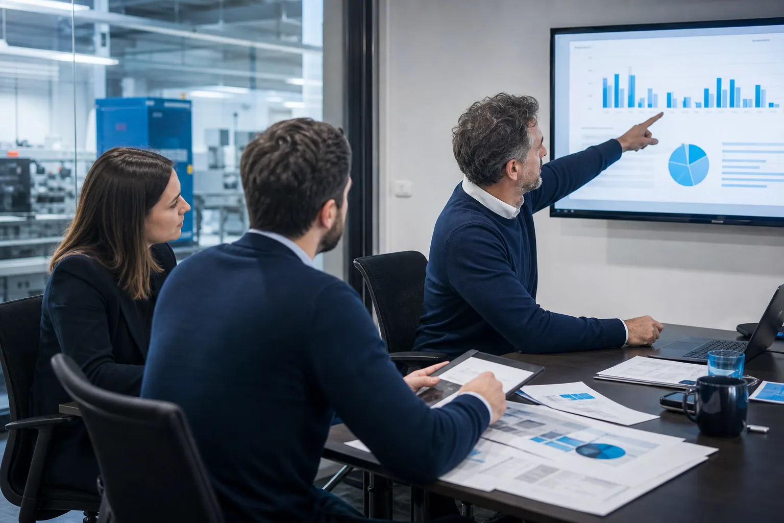 Imprenditore e team marketing durante la revisione periodica dei risultati