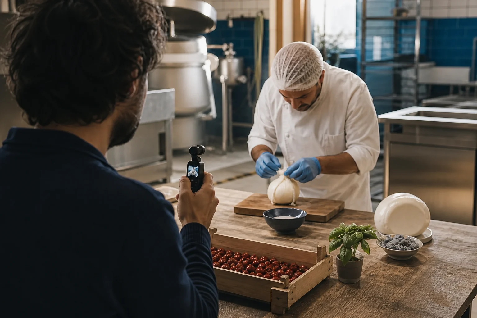 Operatore LIRA che riprende il processo produttivo con una camera stabilizzata compatta