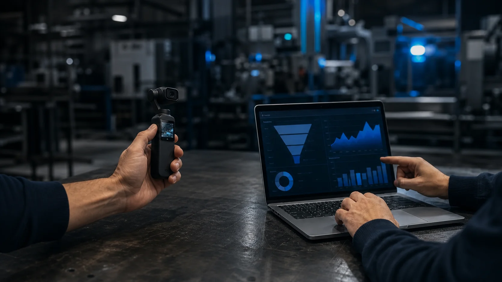 Camera stabilizzata compatta e dashboard marketing coordinate nello stesso ambiente di lavoro